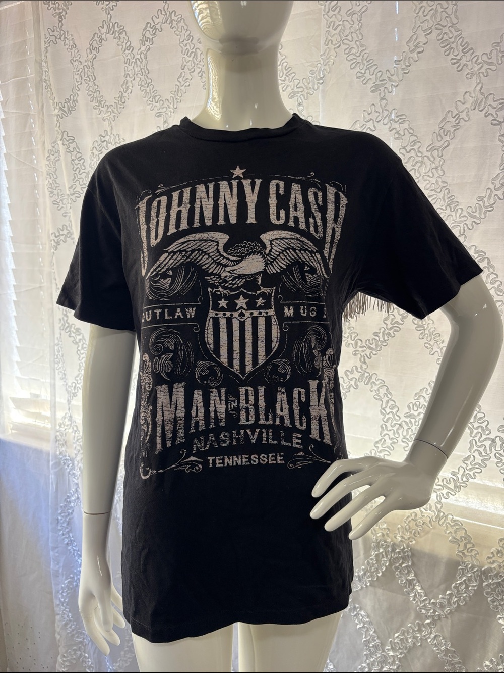 One of its kind Black Graphic Tee - Man in Black Design with fringes